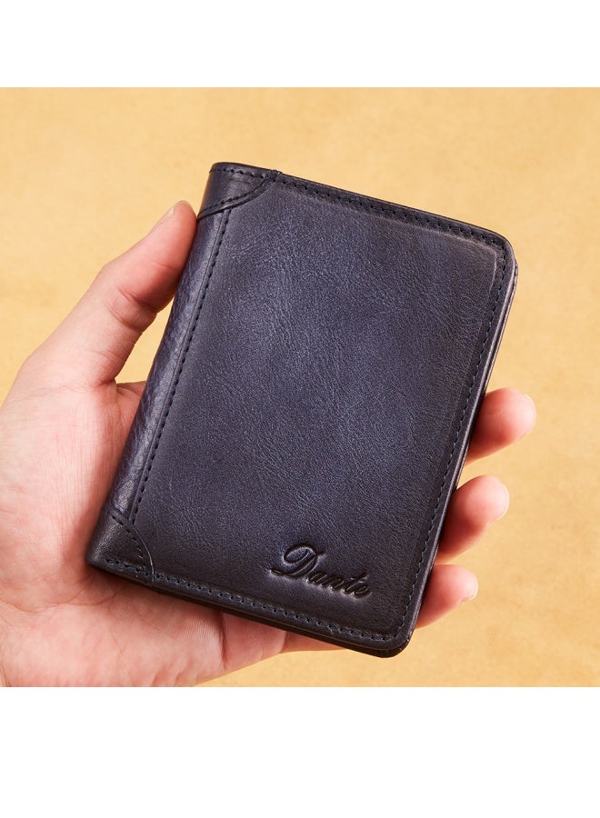 دانتي محفظة رجالية من جلد البقر طبقة أولى مضادة للسرقة، بطاقة RFID، محفظة من الجلد الطبيعي باللون الأزرق - Image 1