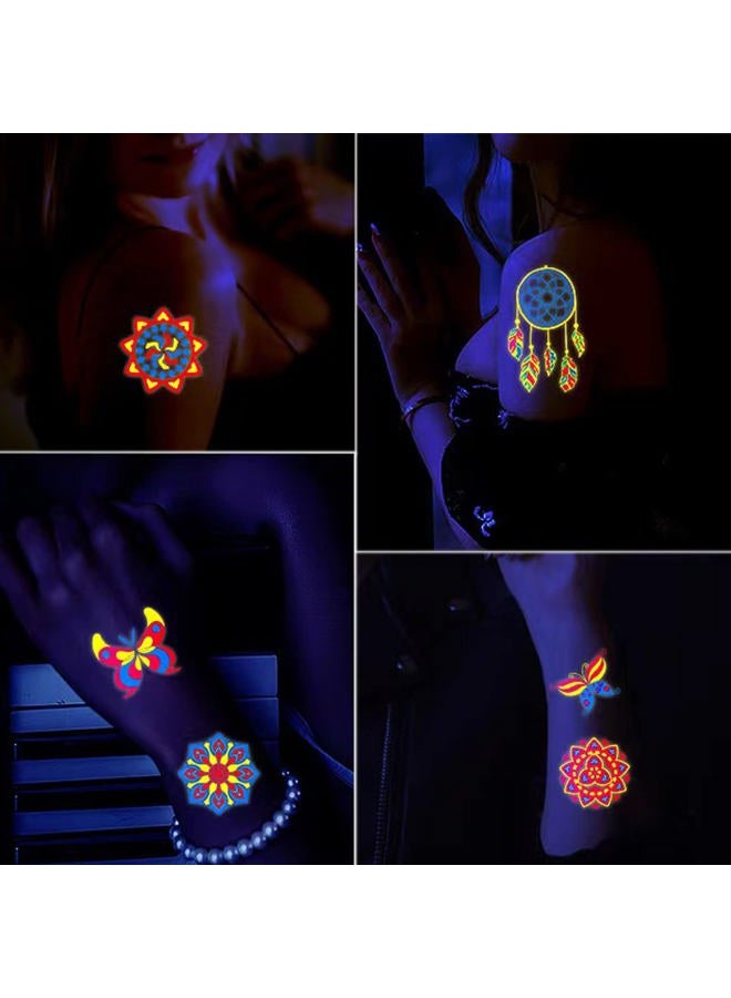 GASTAT Neon Temporary Tattoos 20 Large Sheets Glow In The Dark UV Tattoos Glitter Butterfly Flowers Feather Jewellery Tattoos Stickers for Women Girls Body Art Party Decoration - Image 3