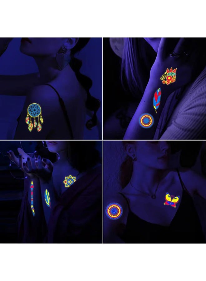 GASTAT Neon Temporary Tattoos 20 Large Sheets Glow In The Dark UV Tattoos Glitter Butterfly Flowers Feather Jewellery Tattoos Stickers for Women Girls Body Art Party Decoration - Image 2