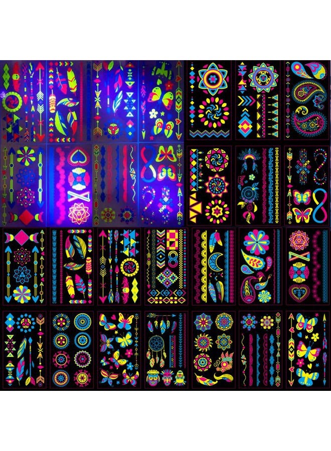 GASTAT Neon Temporary Tattoos 20 Large Sheets Glow In The Dark UV Tattoos Glitter Butterfly Flowers Feather Jewellery Tattoos Stickers for Women Girls Body Art Party Decoration - Image 1
