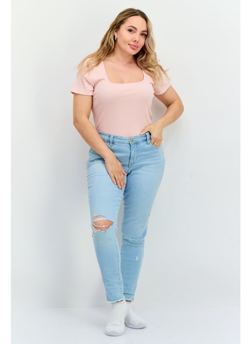 Jenni - Women Textured Short Sleeve Bodysuit, Pink - Image 1