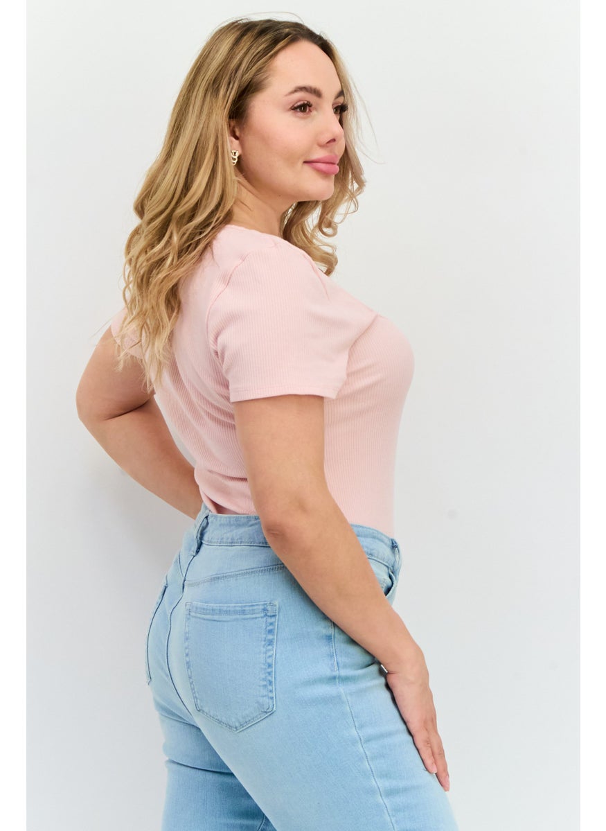 Jenni - Women Textured Short Sleeve Bodysuit, Pink - Image 1