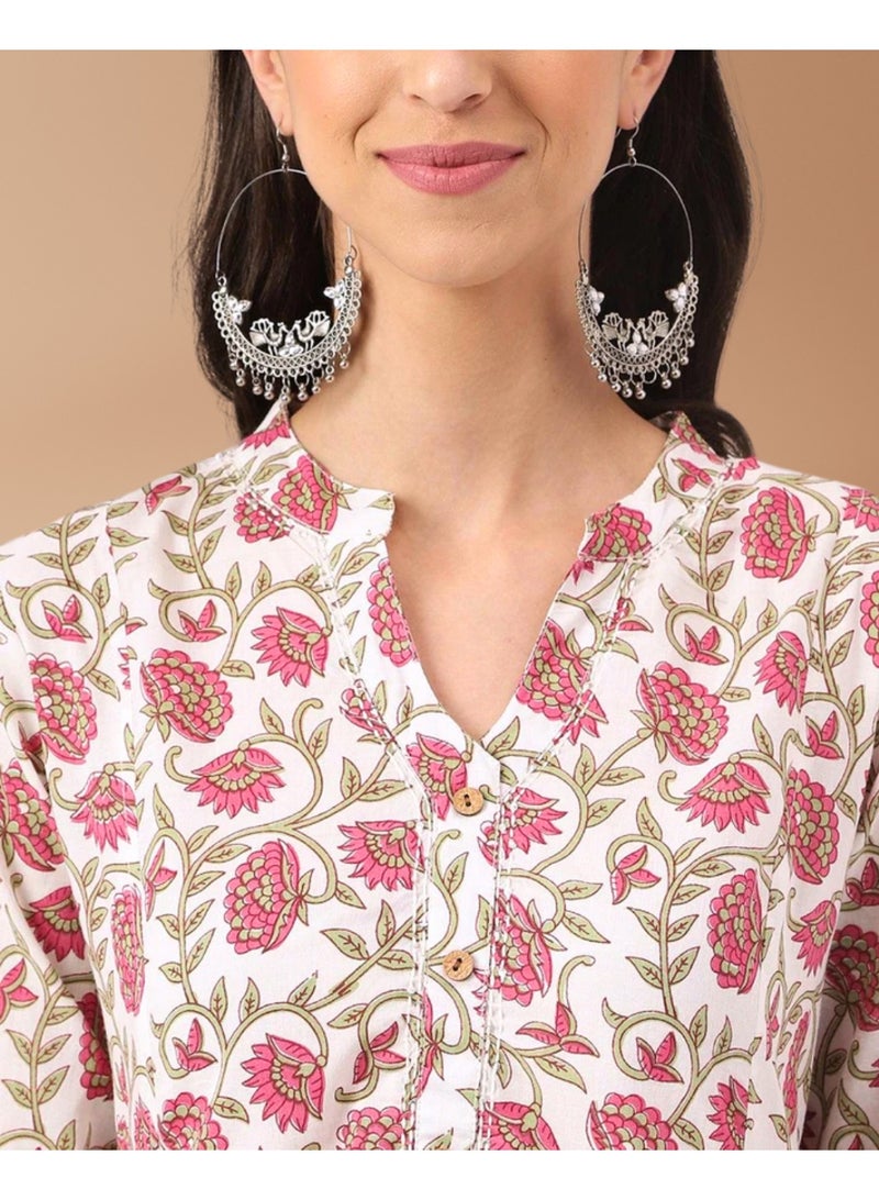 Divena Pure Cotton White and Pink Floral Hand Block Print Panelled Kurta Set with Flared Pants & Dupatta - Image 4