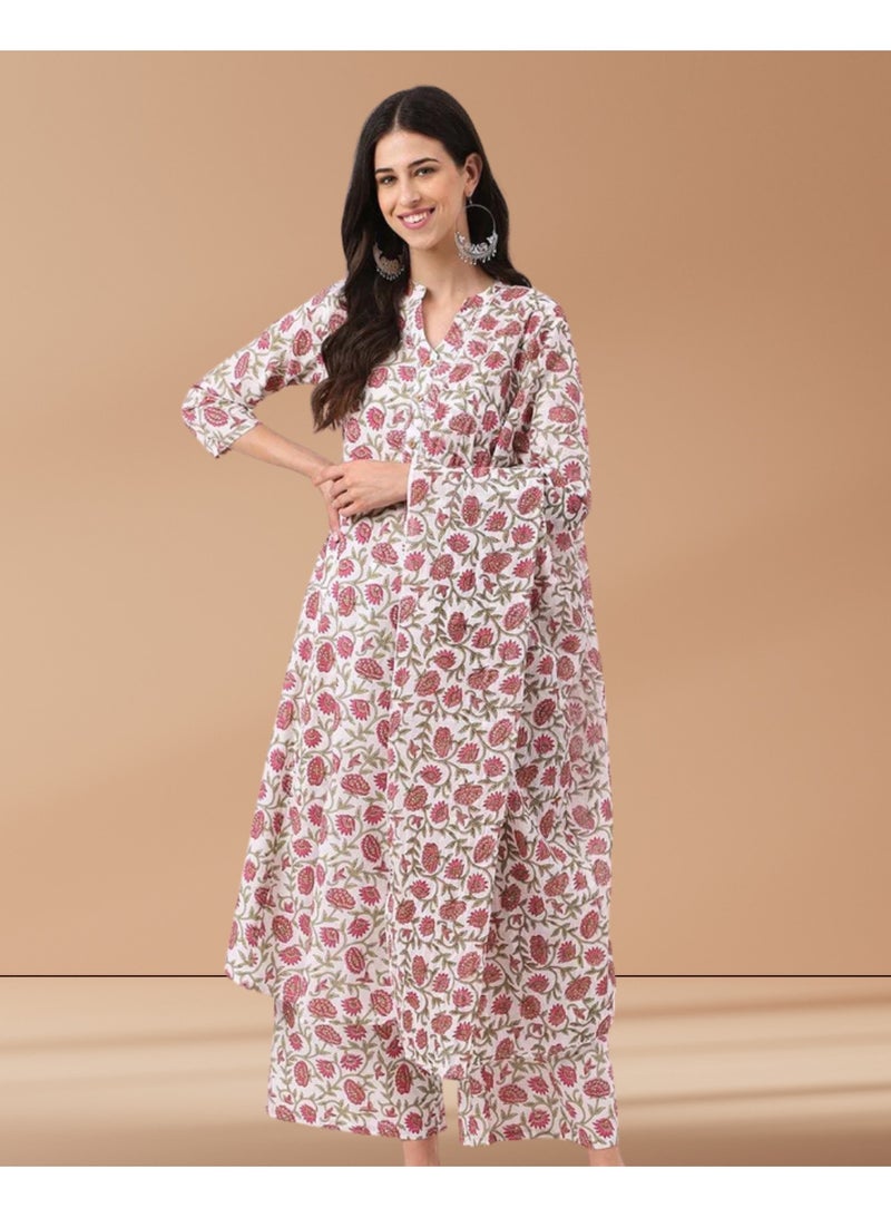 Divena Pure Cotton White and Pink Floral Hand Block Print Panelled Kurta Set with Flared Pants & Dupatta - Image 3
