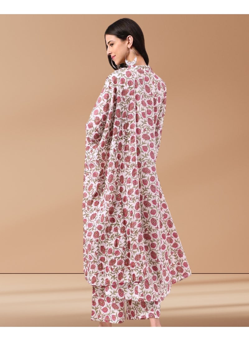 Divena Pure Cotton White and Pink Floral Hand Block Print Panelled Kurta Set with Flared Pants & Dupatta - Image 5
