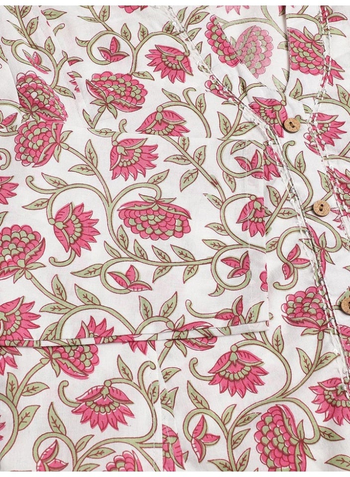 Divena Pure Cotton White and Pink Floral Hand Block Print Panelled Kurta Set with Flared Pants & Dupatta - Image 2