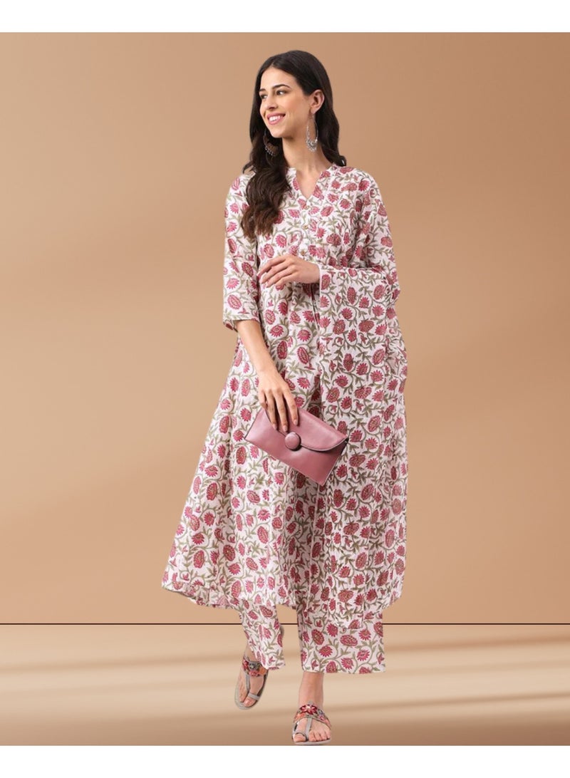 Divena Pure Cotton White and Pink Floral Hand Block Print Panelled Kurta Set with Flared Pants & Dupatta - Image 1