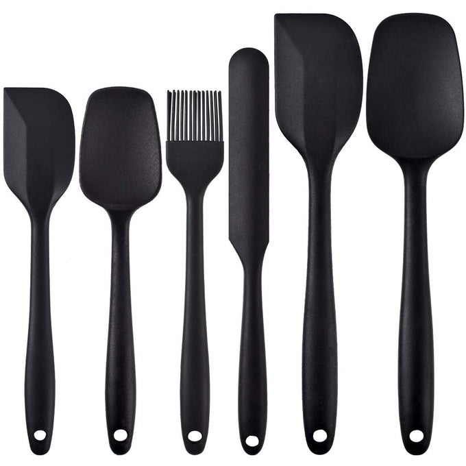 SILICONE COOKING SPATULA SET 6PIECE SET WITH ONE PIECE DESIGN NONSTICK RUBBER SPATULA KITCHEN WITH STAINLESS STEEL CORE FOR COOKING BAKING AND MIXING BLACK