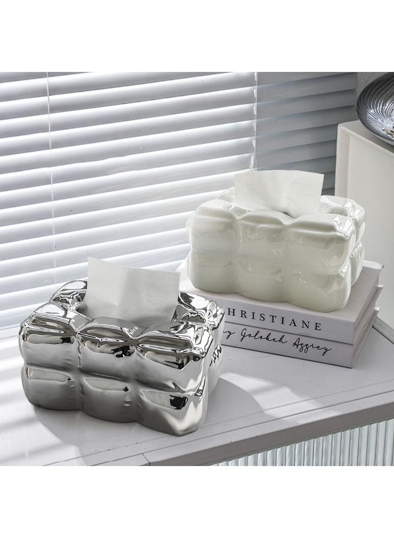 Y&D Ceramic Cube Cream Living Room Coffee Table Tissue Box Dining Room Desktop Household Advanced Creative Ornaments Light Luxury Style-White  - Image 1