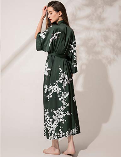 Aensso long lightweight soft silky robes for women, dark green floral bridal bridesmaid summer kimonos robe - Image 5