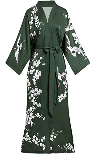 Aensso long lightweight soft silky robes for women, dark green floral bridal bridesmaid summer kimonos robe - Image 1