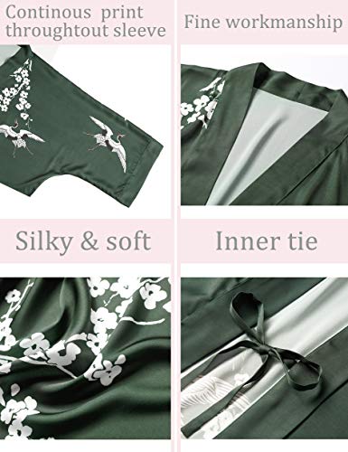 Aensso long lightweight soft silky robes for women, dark green floral bridal bridesmaid summer kimonos robe - Image 3