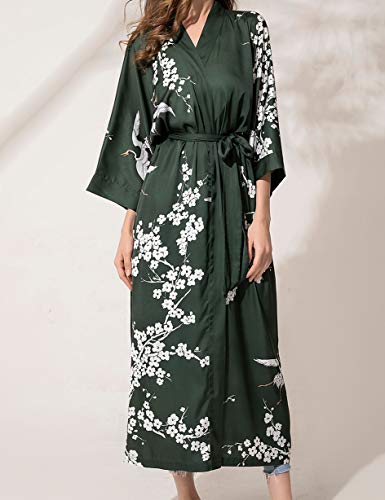 Aensso long lightweight soft silky robes for women, dark green floral bridal bridesmaid summer kimonos robe - Image 4