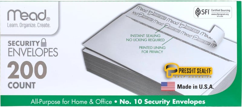 Mead #10 Security Business Envelopes Letter Size 4-1/8" x 9-1/2" – Peel and Seal, Privacy Lined, No-Window, Press-It Seal-It Self-Adhesive for Home & Office Mailing, 200 Count (742020) - Image 1