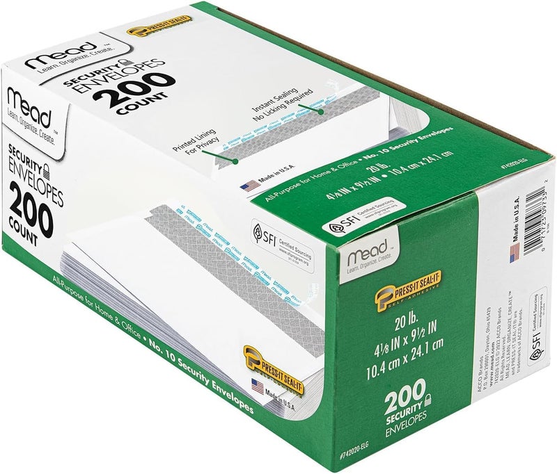Mead #10 Security Business Envelopes Letter Size 4-1/8" x 9-1/2" – Peel and Seal, Privacy Lined, No-Window, Press-It Seal-It Self-Adhesive for Home & Office Mailing, 200 Count (742020) - Image 4