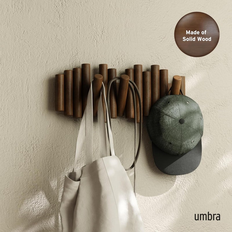 امبرا رف معاطف Umbra Picket مع قضيب وخطافات خشبية قابلة للسحب – منظم تخزين عصري يوفر مساحة؛ مصنوع من خشب الجوز. - Image 2