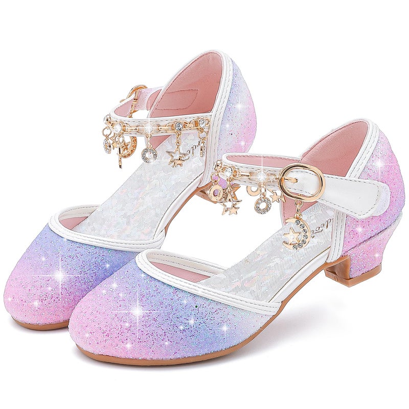 Furdeour Girls Sandals for Starry Purple High Heels Toddler Dress up Block Heel Sandal Princess Flower Girls Wedding Size 9(2902StaPurple 9) - Image 1