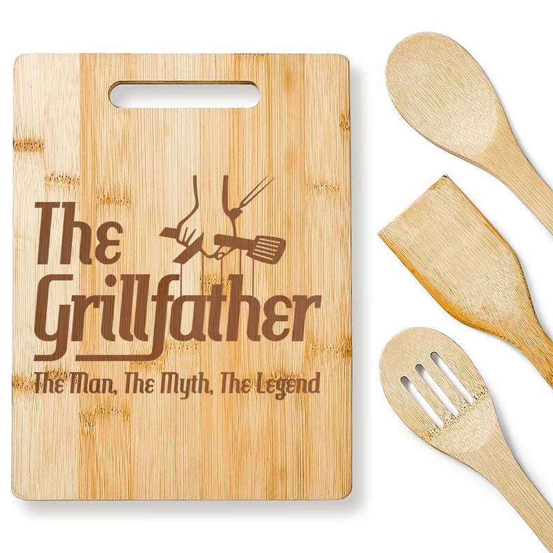 KITCHENVOY Dad Cutting Board The Grillfather  Engraved Bamboo Cooking Board Gift Set for Papa Stepfather Godfather