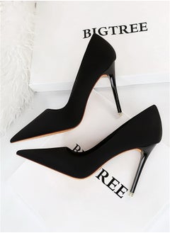 BIGTREE 10.5cm Stylish Pedicure Slim Heels With Slim Satin Pumps With Pointed Toes Black  - Image 2