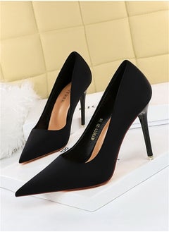 BIGTREE 10.5cm Stylish Pedicure Slim Heels With Slim Satin Pumps With Pointed Toes Black  - Image 1