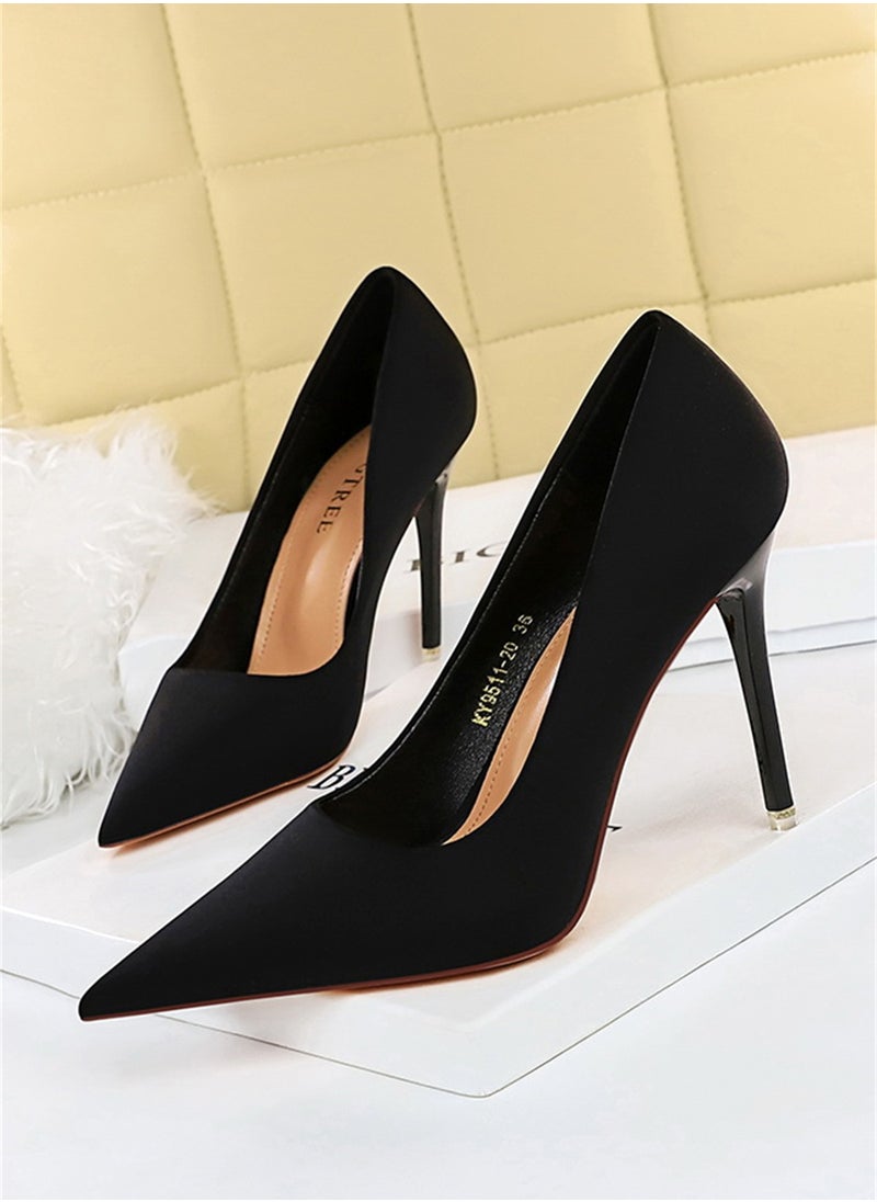 BIGTREE 10.5cm Stylish Pedicure Slim Heels With Slim Satin Pumps With Pointed Toes Black  - Image 1