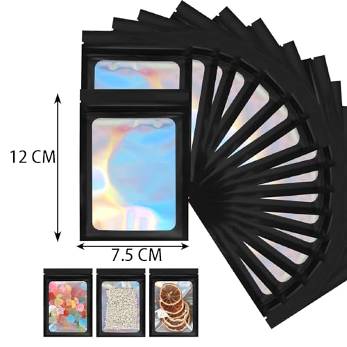 Jubobu 100 Pieces Proof Mylar Holographic Packaging Bags,Food Self Sealing Storage Bag with Clear Window Packaging,Resealable Storage Pouches for Candy, Cookies,Jewelry, Etc (Black, 7.5 X 12 CM) - Image 2