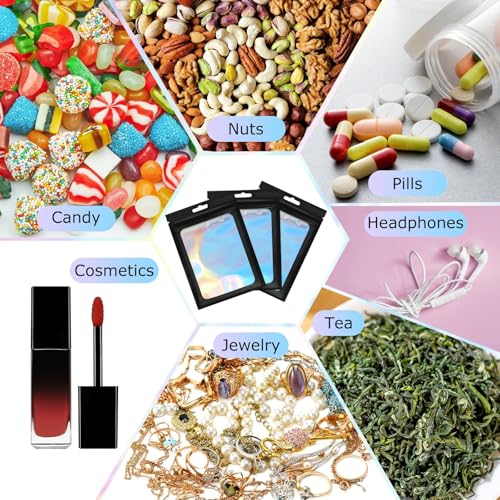 Jubobu 100 Pieces Proof Mylar Holographic Packaging Bags,Food Self Sealing Storage Bag with Clear Window Packaging,Resealable Storage Pouches for Candy, Cookies,Jewelry, Etc (Black, 7.5 X 12 CM) - Image 5