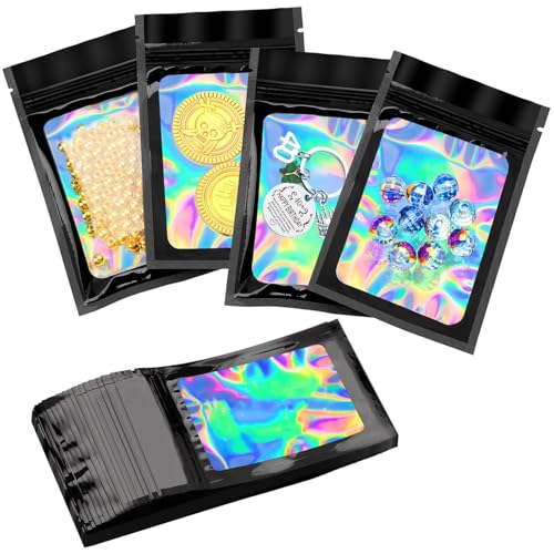 Jubobu 100 Pieces Proof Mylar Holographic Packaging Bags,Food Self Sealing Storage Bag with Clear Window Packaging,Resealable Storage Pouches for Candy, Cookies,Jewelry, Etc (Black, 7.5 X 12 CM) - Image 1