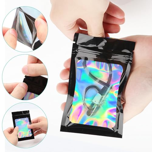 Jubobu 100 Pieces Proof Mylar Holographic Packaging Bags,Food Self Sealing Storage Bag with Clear Window Packaging,Resealable Storage Pouches for Candy, Cookies,Jewelry, Etc (Black, 7.5 X 12 CM) - Image 4