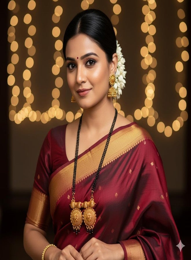 AAIKU Traditional Maharashtrian Wati Mangalsutra | Gold Plated Long Chain with Black Beads | Stylish Tanmaniya Nallapusalu Chains Pendant Necklace for Women & Girls (30 INCH-2 LINE) - Image 2