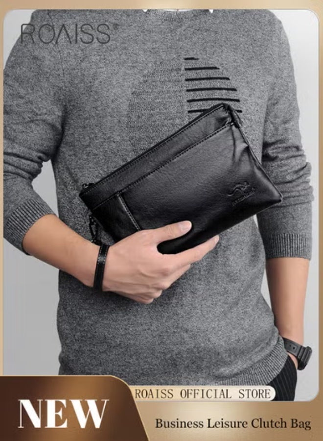 roaiss Fashionable Business All-Match Clutch Bag For Men'S Daily Commuting Work Pu Leather Zipper Opening And Closing Multi-Pocket Envelope Bag - Image 1