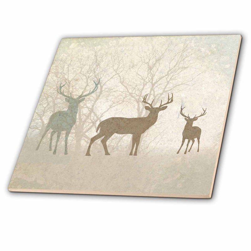3dRose ct_215932_4 Deer Silhouettes Set Against Faded Forest Background in Earth Tones Ceramic Tile 12