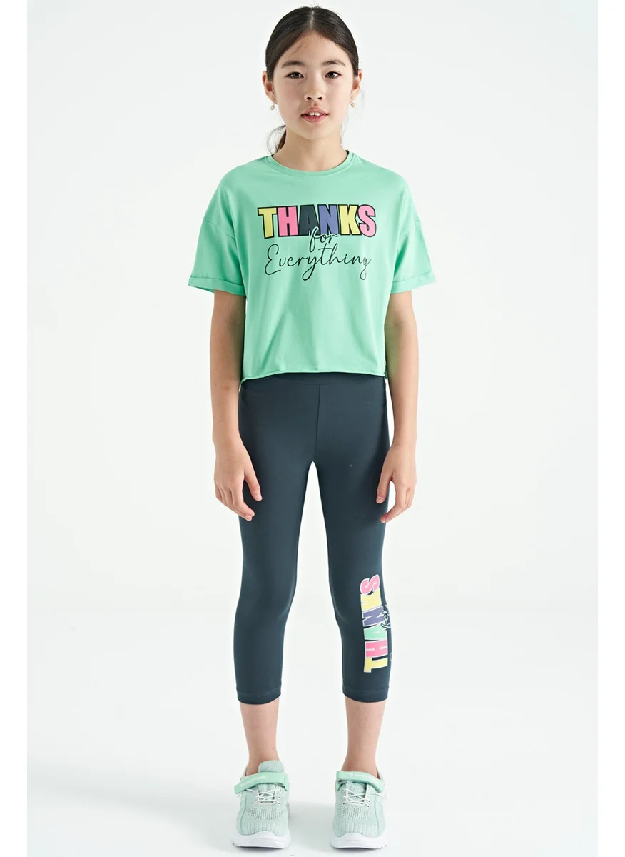 Tommy Life Water Green - Forest Green Text Printed Oversize Girls Crop Leggings Set - 75133