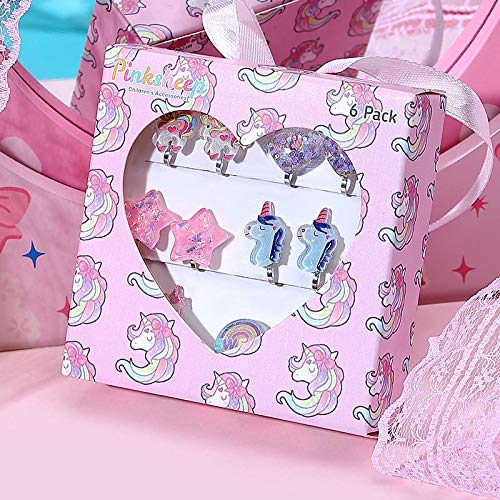 PinkSheep أقراط بريق قوس قزح على شكل خروف وردي لفتاة صغيرة، 6 أزواج، أفضل هدية - Image 3