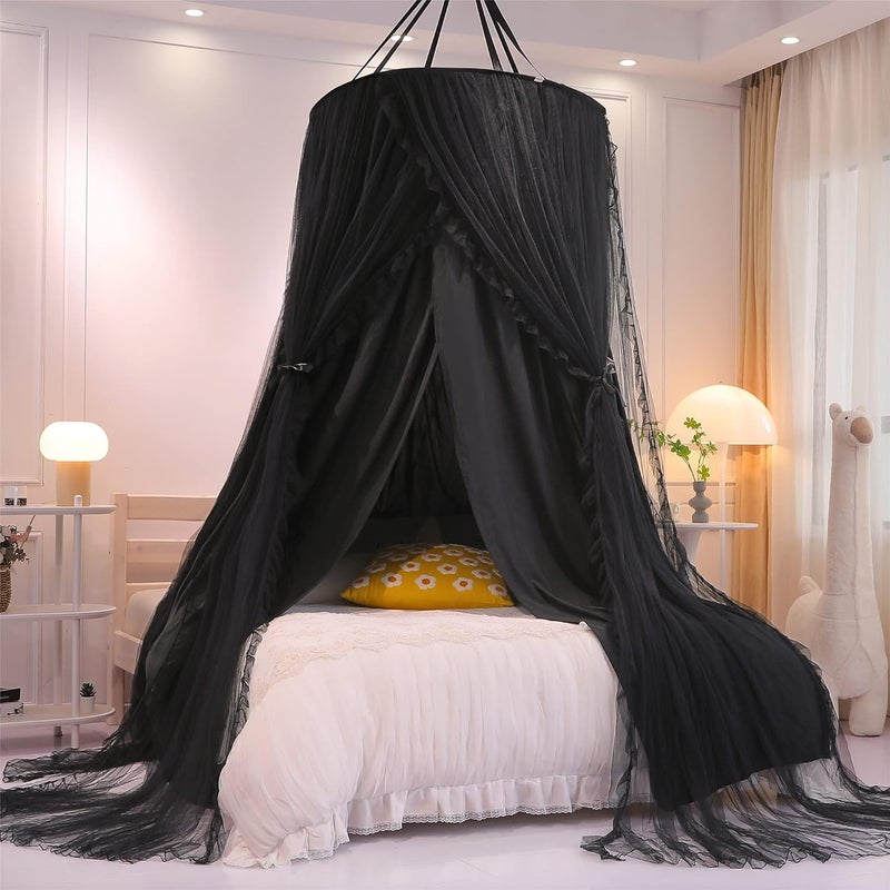 VETHIN Double Layer Princess Round Dome Canopy Bed Curtain for Girls Adults,Children Dreamy Mosquito Net,Cute Bedroom Decoration Castle Play Tent Reading Nook Canopies(Dome-Double Black) - Image 2