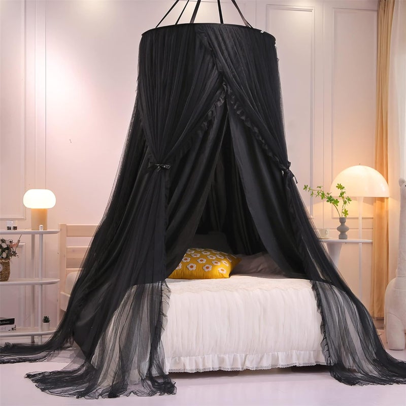 VETHIN Double Layer Princess Round Dome Canopy Bed Curtain for Girls Adults,Children Dreamy Mosquito Net,Cute Bedroom Decoration Castle Play Tent Reading Nook Canopies(Dome-Double Black) - Image 1