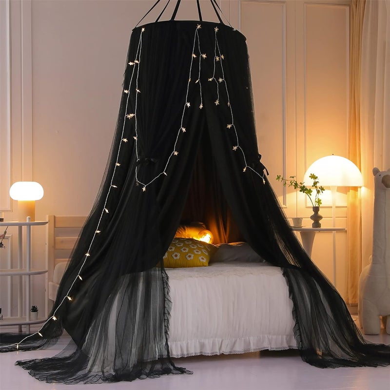 VETHIN Double Layer Princess Round Dome Canopy Bed Curtain for Girls Adults,Children Dreamy Mosquito Net,Cute Bedroom Decoration Castle Play Tent Reading Nook Canopies(Dome-Double Black) - Image 4