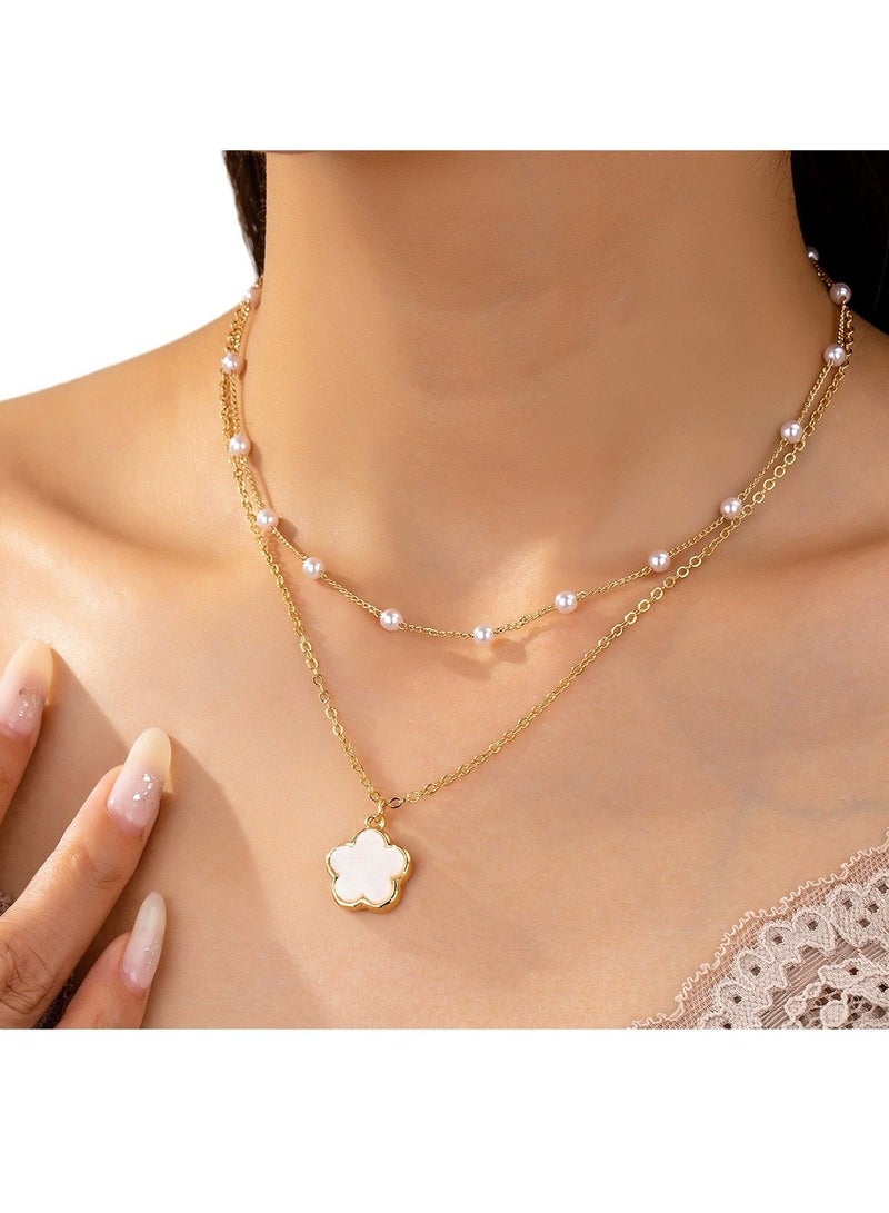 Goolsky قلادة لؤلؤة البرسيم ذات الطبقتين الأنيقة - مجوهرات حظ أنيقة للنساء، يومية/حفلات - Image 1