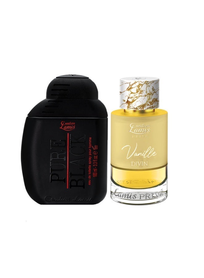 Creation Lamis His Signature Perfume Combo - Deluxe Pure Black EDT for Men 100ml + Privé Vanille Divin EDP Unisex 100ml |  Woody Aromatic & Vanilla Duo - Image 1