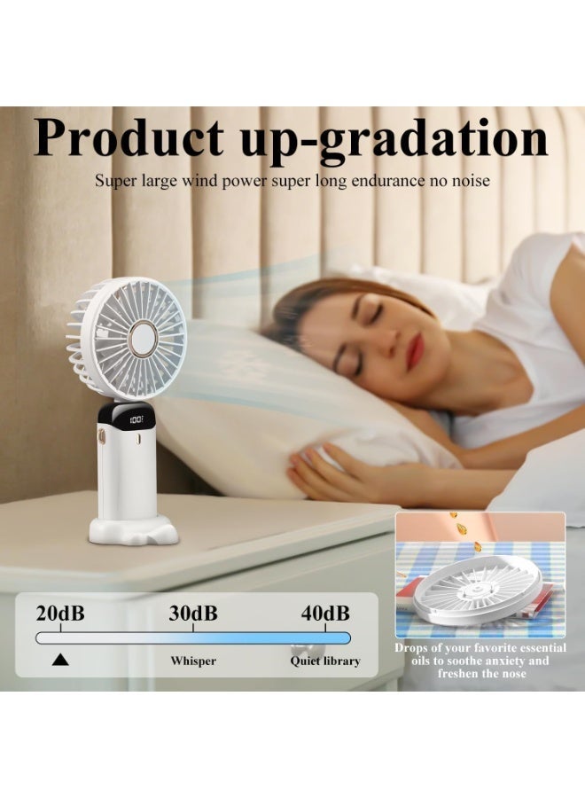 Yakiter Portable folding handheld small fan, rechargeable small fan, 90° folding mini desktop fan, Led digital display, 5-speed outdoor Indoor multi-function fan (White) - Image 4