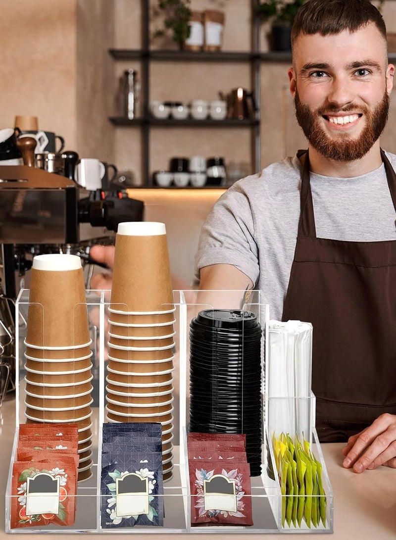 TPGP Acrylic Cup and Lid Organizer, 4 Compartments Coffee Station Organizer Condiment Rack Breakroom Accessories Countertop Cup Dispenser for Office, Home, Clear - Image 3