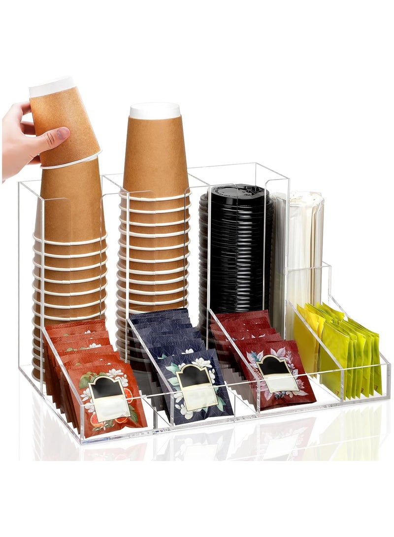 TPGP Acrylic Cup and Lid Organizer, 4 Compartments Coffee Station Organizer Condiment Rack Breakroom Accessories Countertop Cup Dispenser for Office, Home, Clear - Image 1