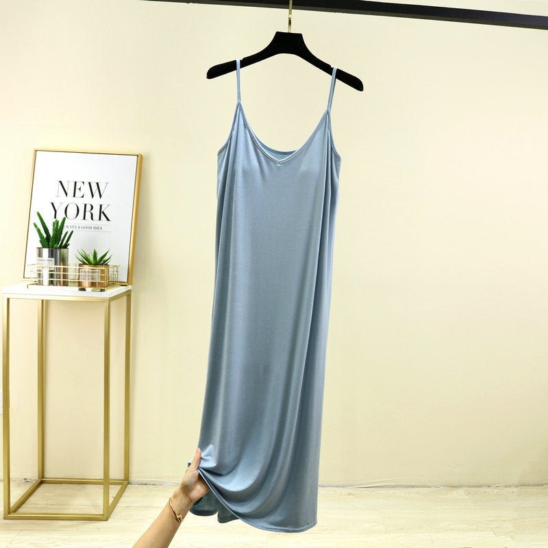 Womens One-piece V-neck Sling Base Skirt with Chest Pad Summer Long Nightgown Home Skirt Outer Wearing Dress light blue 