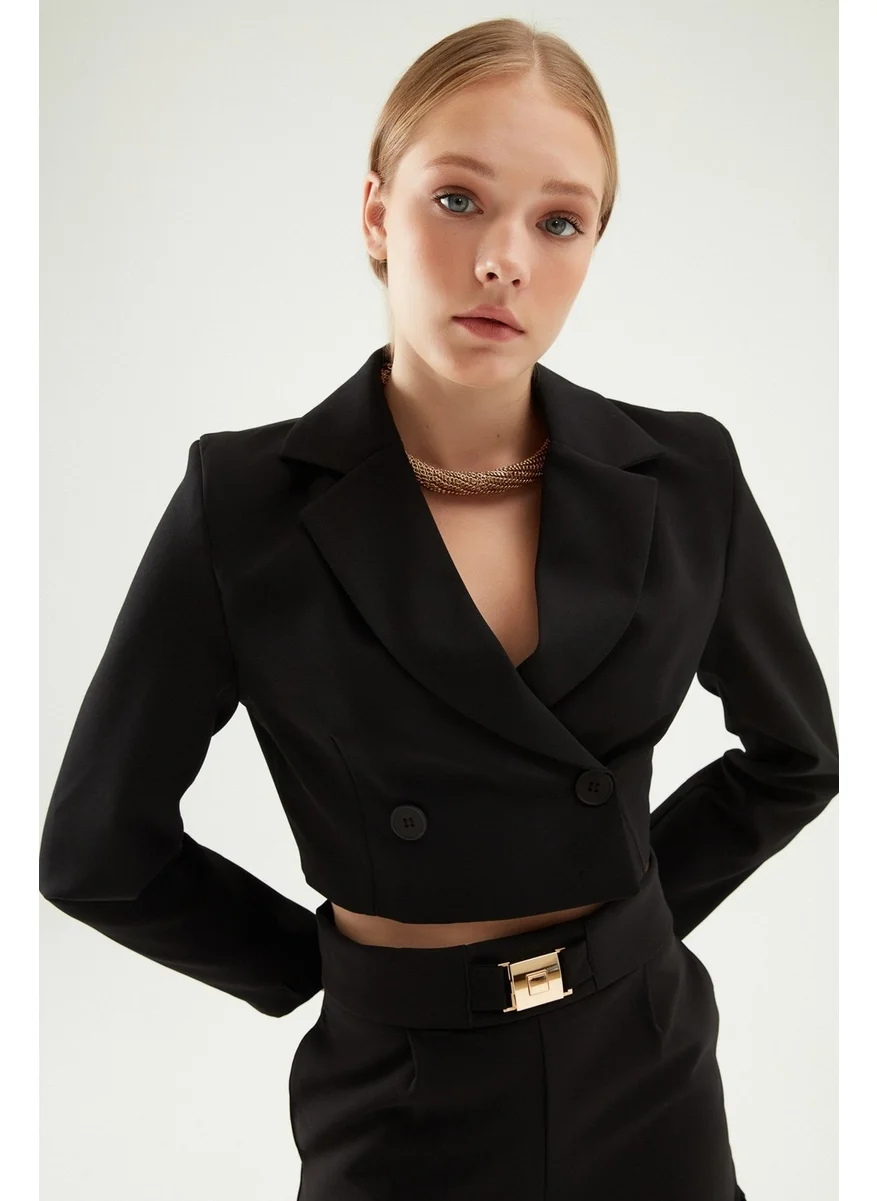 QUZU Double Breasted Crop Blazer Jacket Black