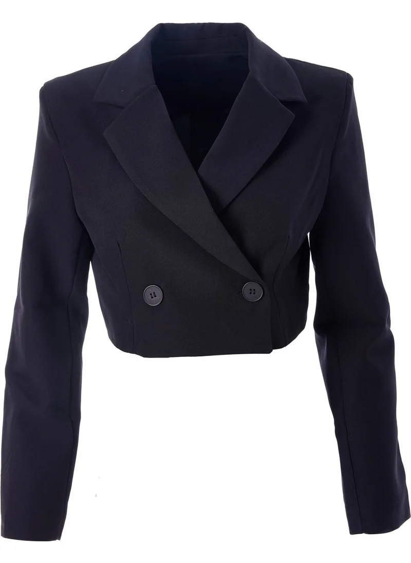 QUZU Double Breasted Crop Blazer Jacket Black