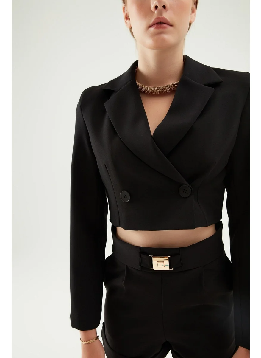 QUZU Double Breasted Crop Blazer Jacket Black