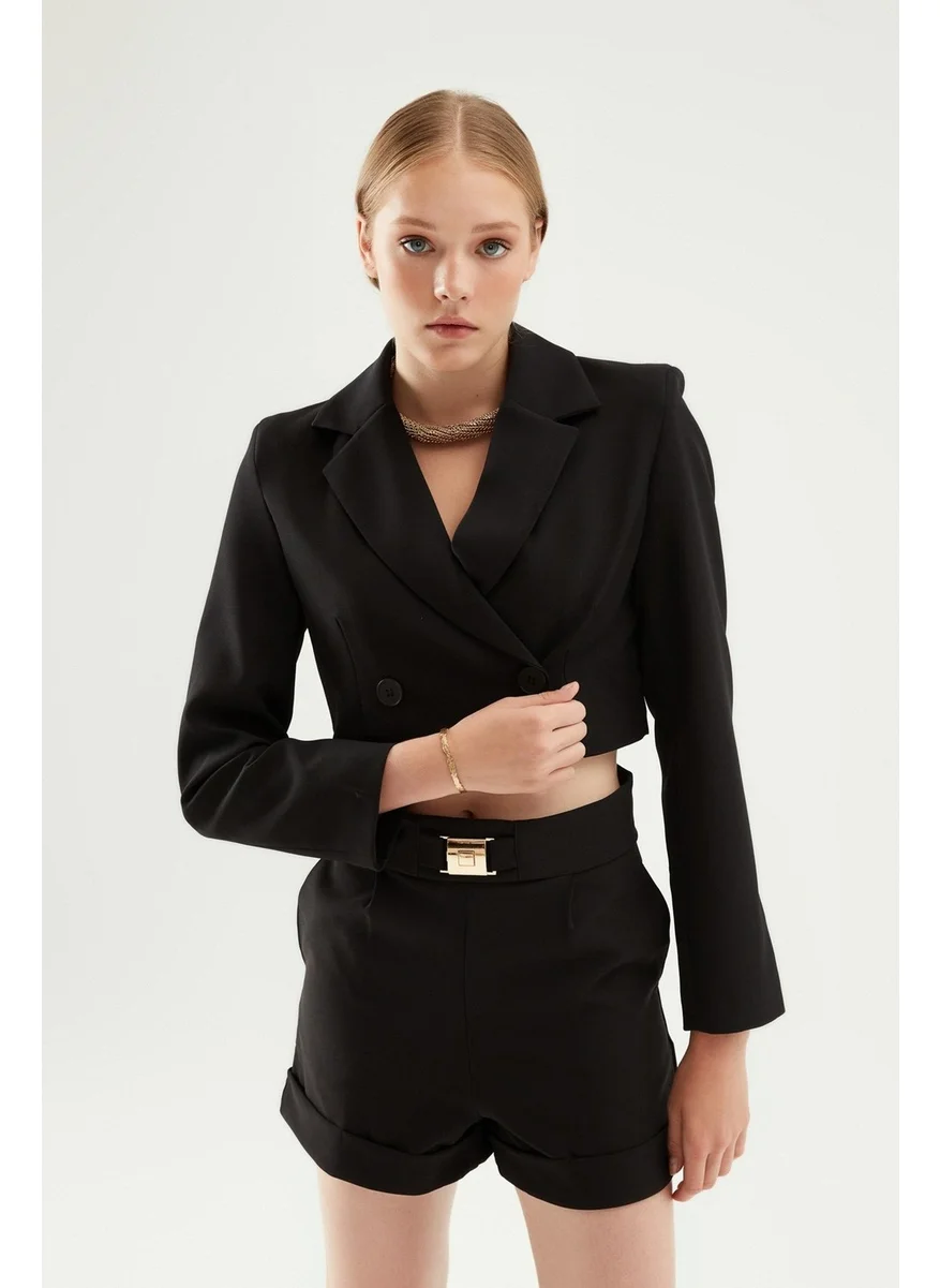 QUZU Double Breasted Crop Blazer Jacket Black