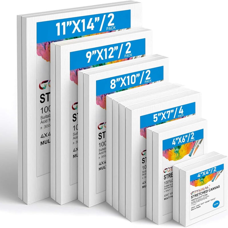 GOTIDEAL Canvas for Painting, 14 Pcs Muti Pack Stretched Painting Canvas, Blank Paint Canvases for Acrylic, Oil, Art Supplies for Artists, Adults 4x4,4x6, 5x7, 8x10,9x12, 11x14 Set of 14 - Image 1