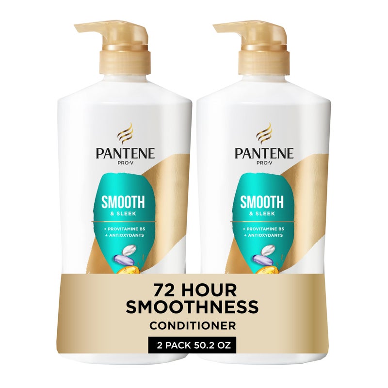 Pantene Conditioner, Smooth and Sleek - Frizz Control with Antioxidants, Nourishing for All Hair Types - Curly, Dry, Color-Treated, 25.1 Oz Each, 2-Pack + Miracle Rescue Shot (0.5 Oz) - Image 1