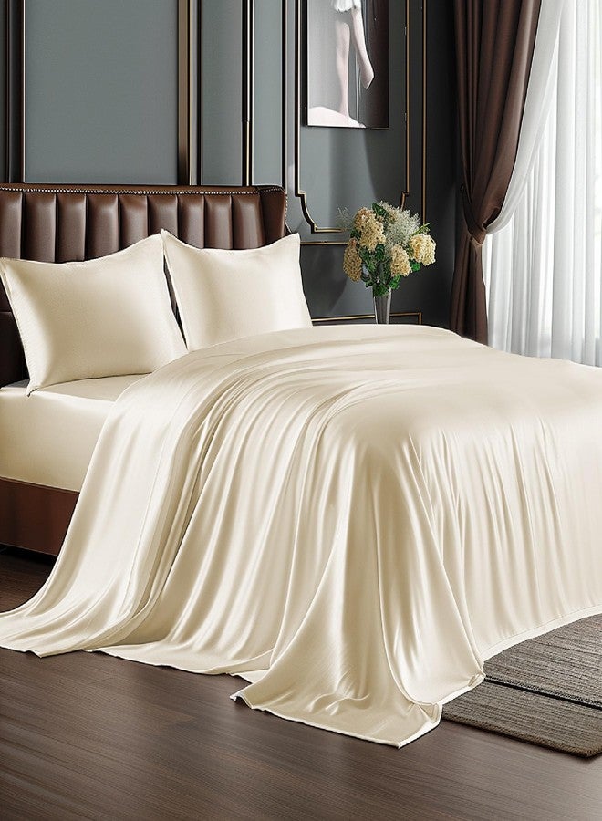 BEDELITE Satin Sheets Full Size Bed Set, Luxury Soft Beige Silky Sheet for Hair and Skin, Similar to Silk Bed Sheets Set 4 Pieces with 1 Deep Pocket Fitted Sheet, 1 Flat Sheet, and 2 Pillowcases - Image 1